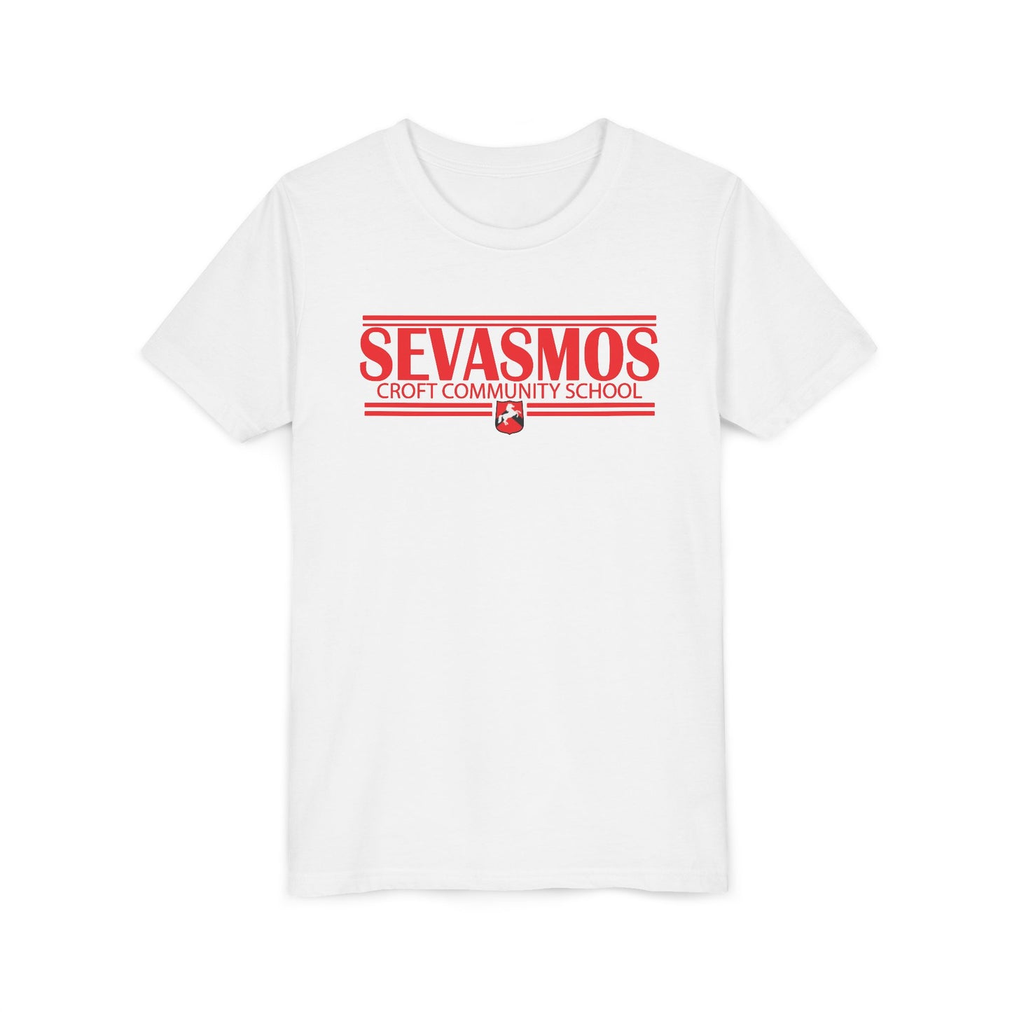 Sevasmos red lettering white t shirt
