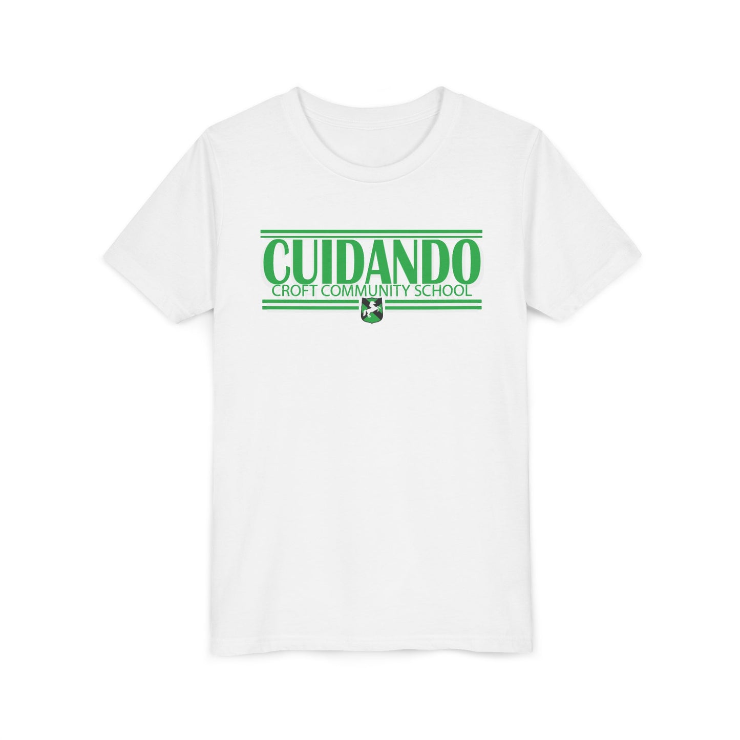 Copy of Cuidando green lettering white t shirt