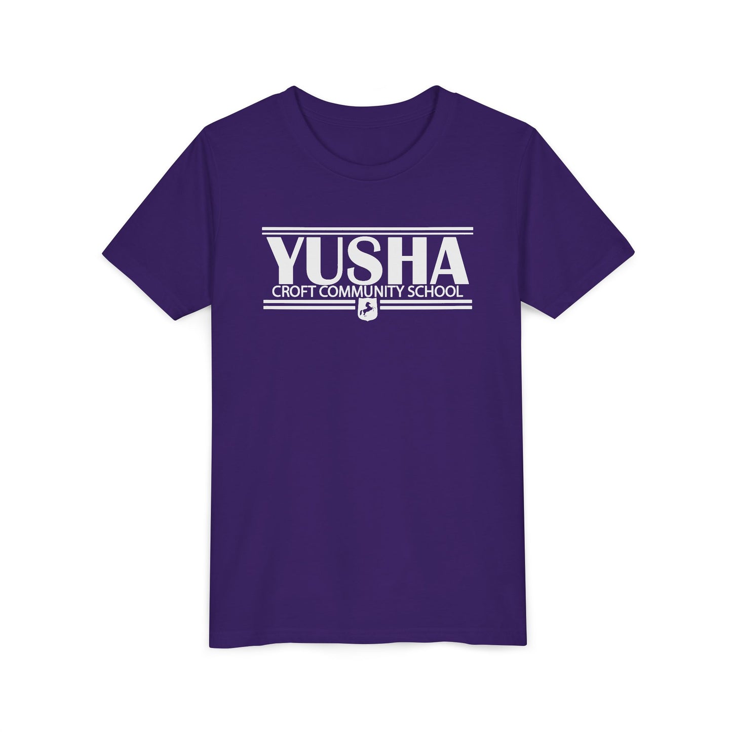 Yusha white lettering purple t shirt